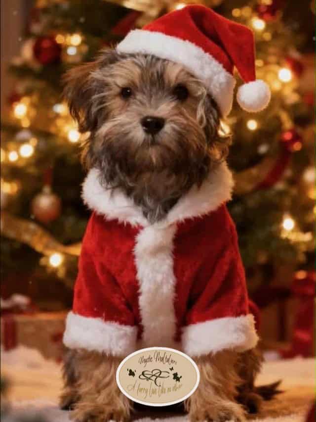 Adorable Maltese puppy in Santa costume for Christmas adoption photos.
