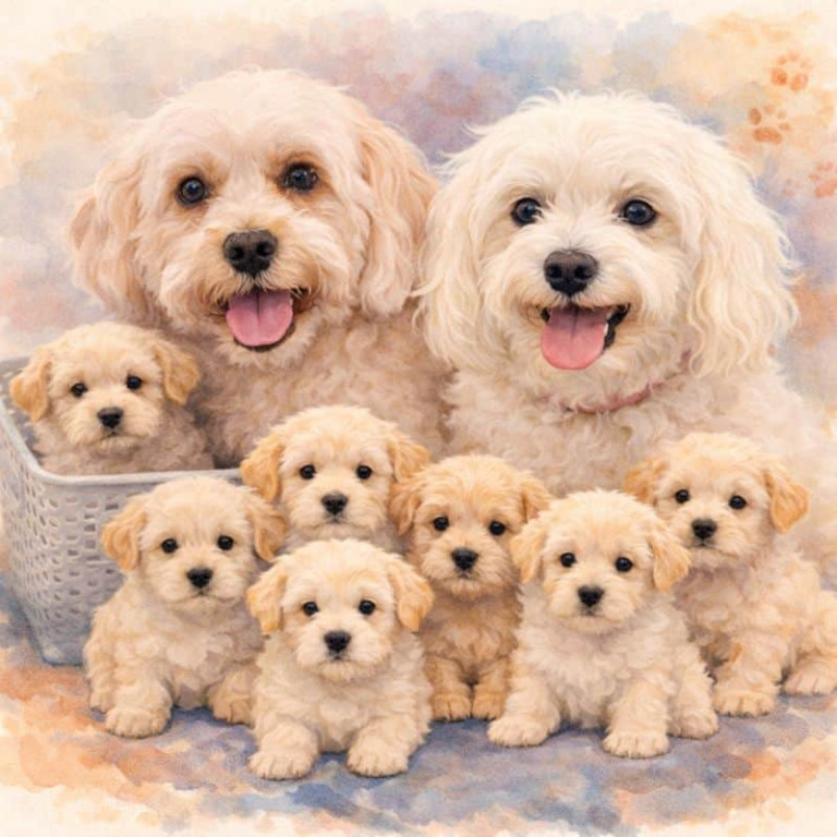 Adorable Maltese puppies with two adult Maltese dogs, showcasing perfect companions from Mystic Maltaliers.