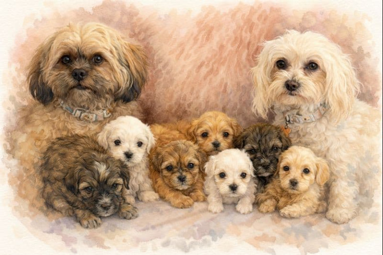 Adorable Maltipoo puppies with their mother, highlighting high-quality Maltalier and Maltipoo breeding.